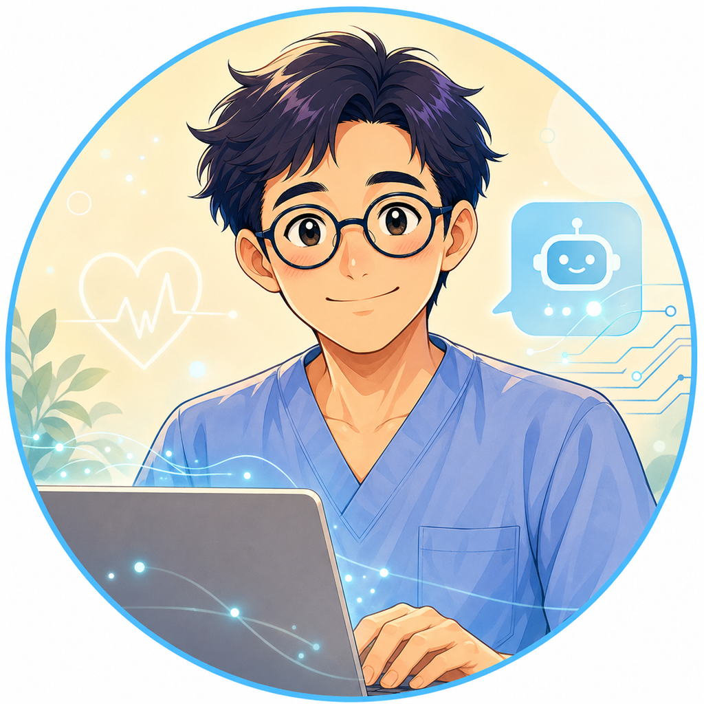 青いスクラブ姿でノートPCに向かう看護師ひかるのイラスト