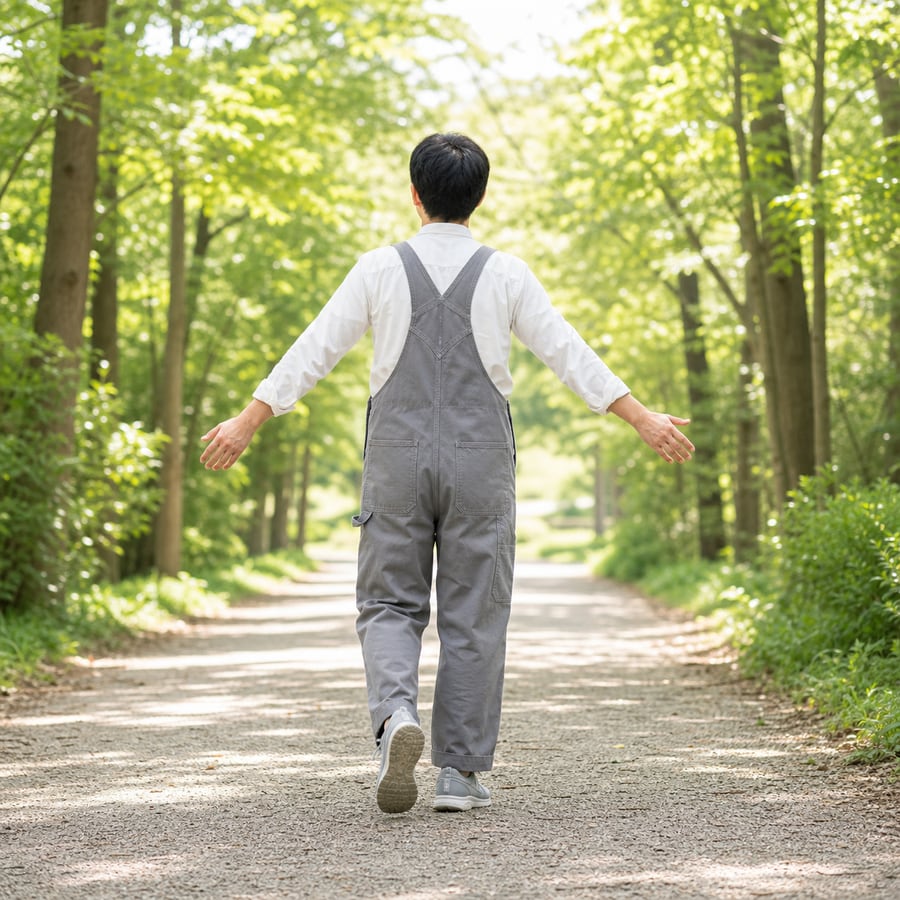 灰色のオーバーオールで歩くひかるの後ろ姿